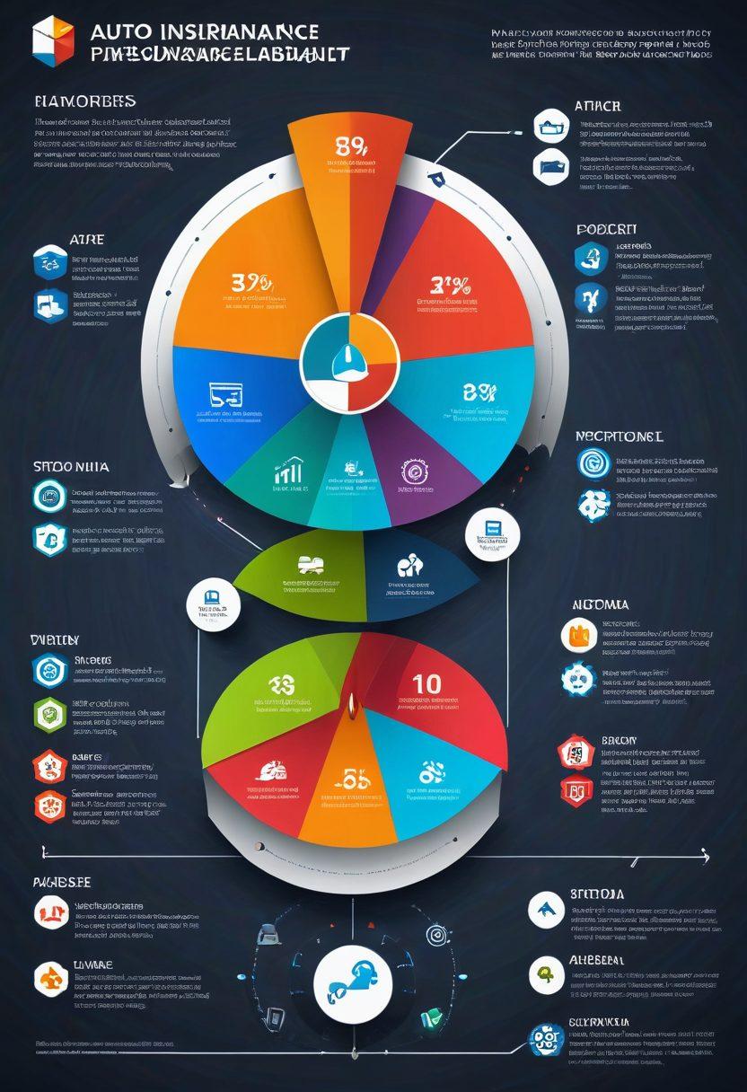 A visually engaging infographic showcasing the three types of auto insurance: Liability, Collision, and Comprehensive. Each section should be represented with distinct icons and vibrant colors, illustrating key benefits and features. Add a background of cars driving on a road to symbolize movement and protection. Include a pie chart or mix chart to represent the ideal coverage blend. Vector art. vibrant colors.