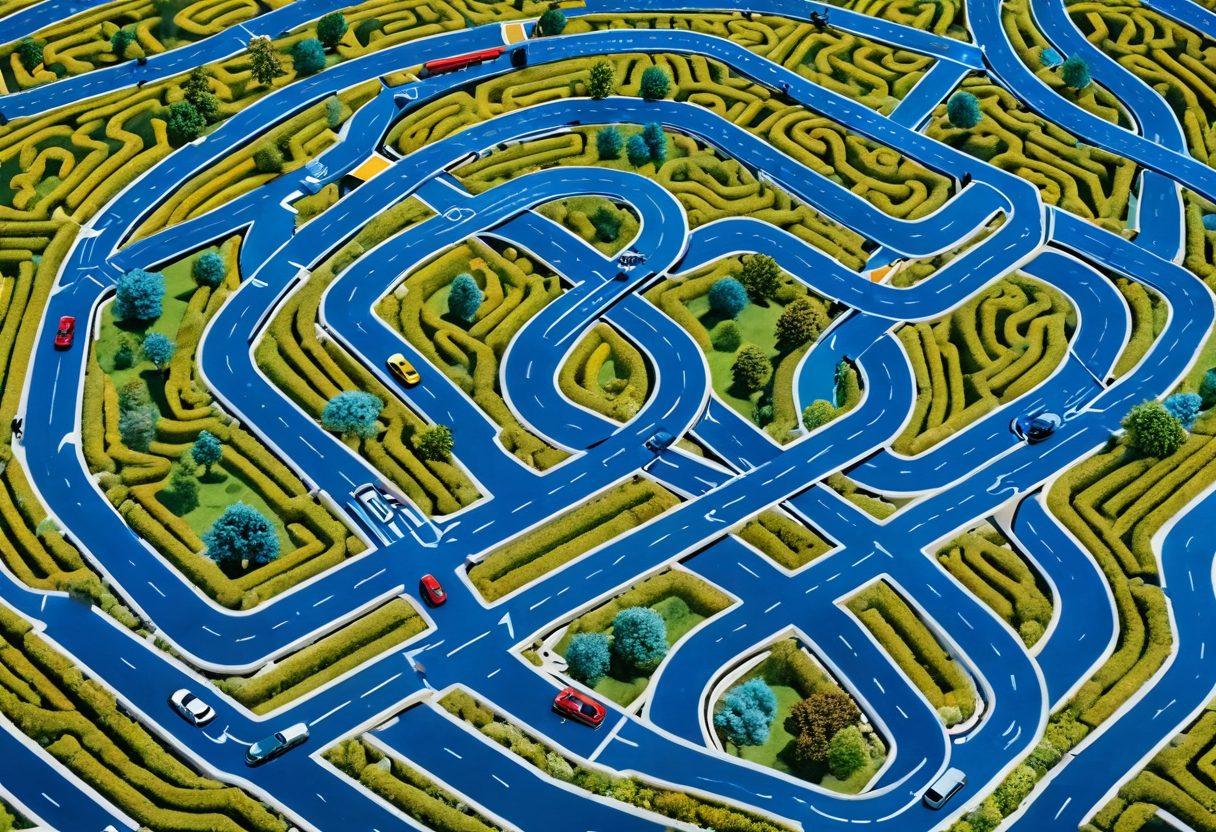 A colorful and intricate maze symbolizing the complexities of automobile insurance, with winding paths leading to signs of different coverage options and affordable rates. Include a friendly guide character, like an insurance agent, helping a confused driver navigate the maze with a map. Bright blue skies and a road in the background suggest hope and clarity ahead. super-realistic. vibrant colors. white background.