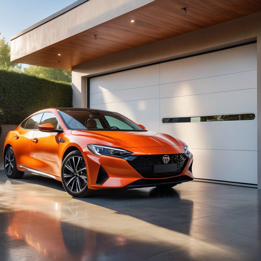 A sleek car parked in a secure garage, surrounded by shields and icons representing different insurance policy options and discounts. A warm sunlight streams through the garage door highlighting the vehicle, while a diverse group of people reviews documents and discusses options together. The atmosphere conveys safety, assurance, and teamwork. super-realistic. vibrant colors. soft-focus background.